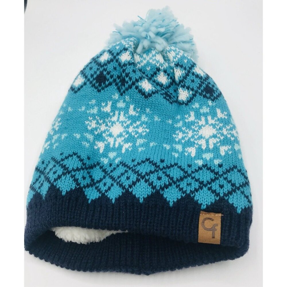 Cold Front Beanie Hat Girls One Size Blue Black Snowflakes Pom Pom Fair Aisle